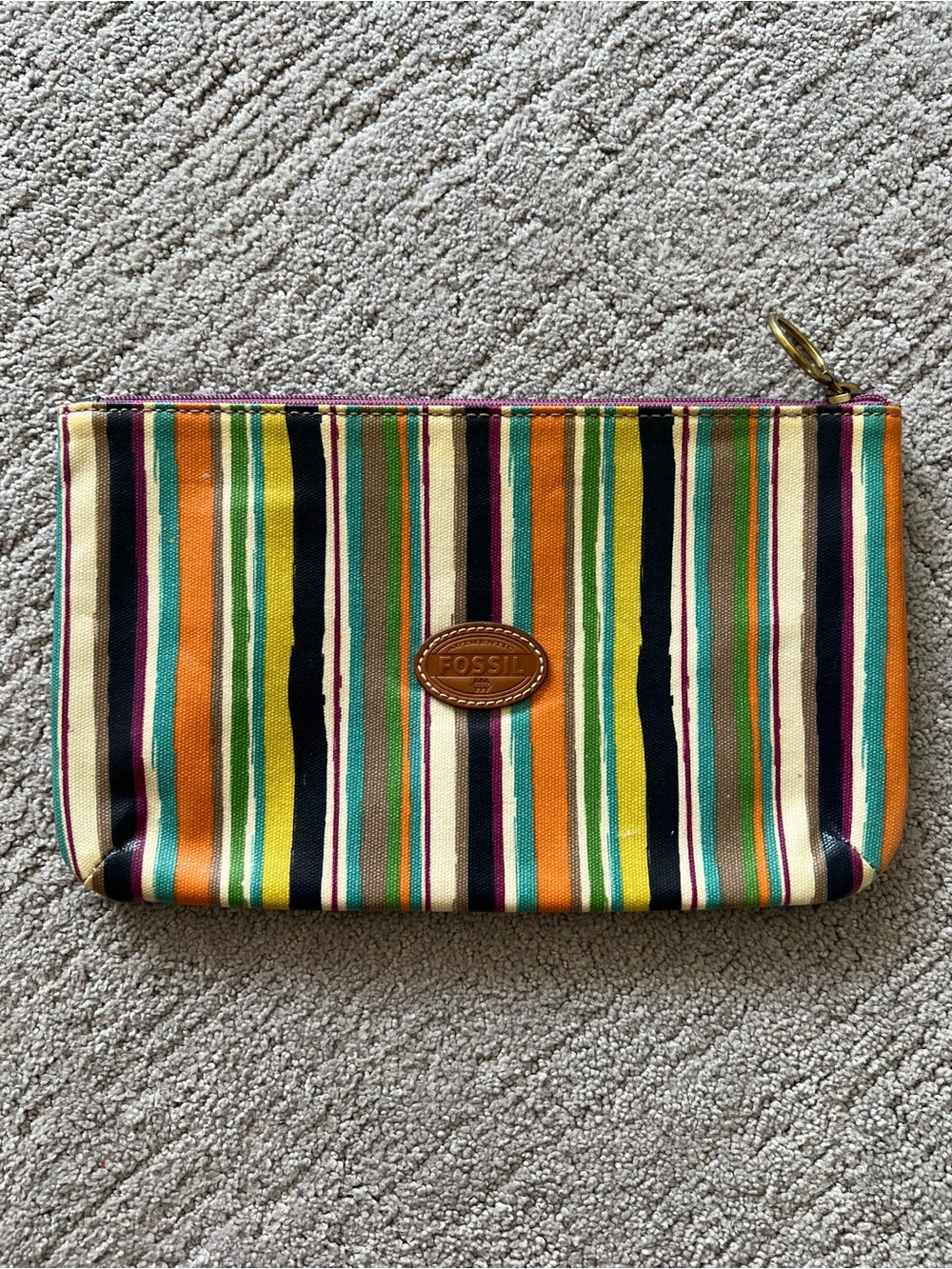 Fossil Multicolor Striped Coated Canvas Zipper Pouch with Leather Logo